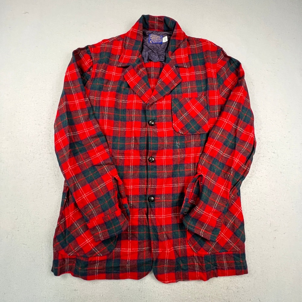 Pendleton Wool Blazer Jacket Mens Large Red Plaid Virgin Wool Vintage Outdoor
